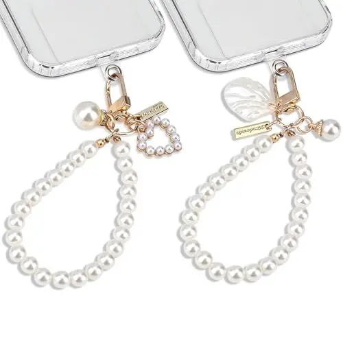 Produktbild: Reownest Kompatible mit Handykette Universal 2 PCS Perlen Armband mit 2× Durable Patches, Cute Muscheln und Herz Kurz Handyband Handy Kette, Schlüsselanhänger Anhänger Handyhülle Zubehör