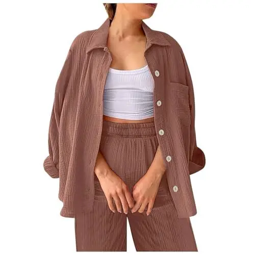 Produktbild: ReSin90s Leinen Set Damen Zweiteiler Musselin Hosenanzüge Elegant Langarm Top Und Hose 2 Teiler Leinen Baumwolle Freizeitanzug Casual Leicht Anzug Loungewear Set