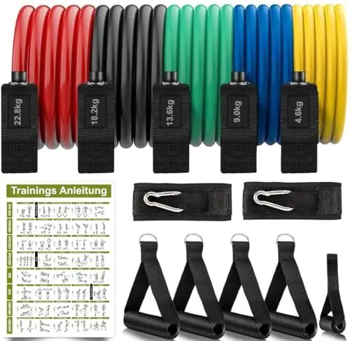 Produktbild: 12-teiliges Widerstandsbänder/Fitnessbänder Set – Resistance Bands aus Naturkautschuk mit Griffen & Türanker für Krafttraining, Pilates & Physiotherapie (12-teiliges Set)