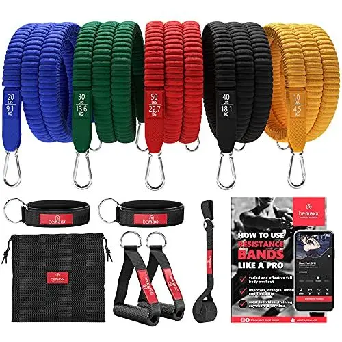 Produktbild: Resistance Widerstandsband Set Textil mit Trainings-eBook - Expander Tubes Bänder Band Stoff Fitnessbänder - Widerstandsbandset: 5 Griffe Türanker Fußschlaufen