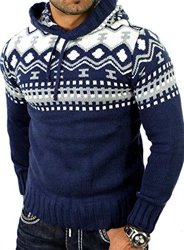 Produktbild: Reslad Herren Grobstrick Pullover Norweger Winter Kapuzenpullover RS-3013 Blau L