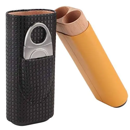 Produktbild: Respicefinem Zigarrenetui aus schwarzem Leder, Zedernholz, 2-RÖhren-Reise-Zigarrenetui, Humidor-Zigarrenetui aus Leder mit Zigarrenschneider