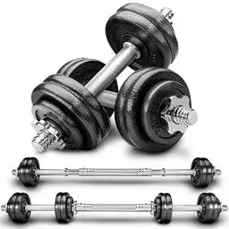 Produktbild: RE:SPORT 2 in 1 Hanteln Set 15 Kilogramm | Hantelset Gusseisen verstellbar | Kurzhantel & Langhantel | Sternverschlüsse & Verbindungsrohr