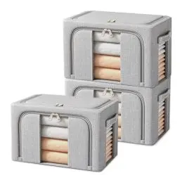 Produktbild: Resszo 3 Stück Faltbare Kleideraufbewahrung Box, 24 L Aufbewahrungstasche mit Metallrahmen und Reißverschlüss，Aufbewahrungsbox mit Deckel für Bettdecken Decken Kleidung, Grau-3x24L