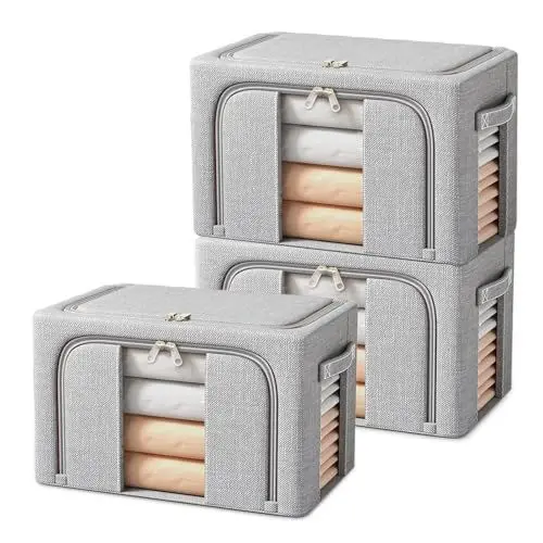 Produktbild: Resszo 3 Stück Faltbare Kleideraufbewahrung Box, 24 L Aufbewahrungstasche mit Metallrahmen und Reißverschlüss，Aufbewahrungsbox mit Deckel für Bettdecken Decken Kleidung, Grau-3x24L