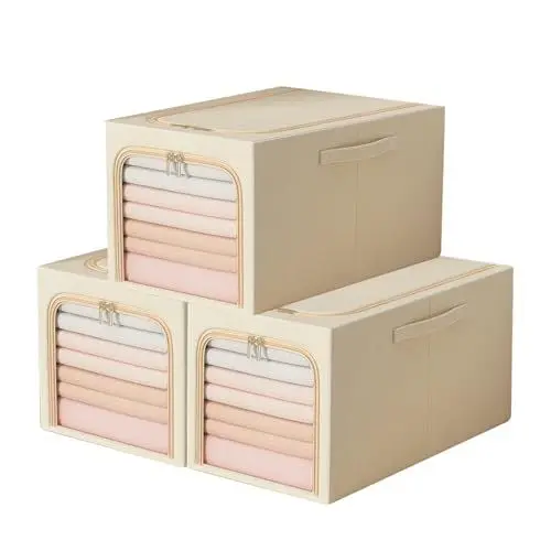 Produktbild: Resszo 3 Stück Feste Faltbare Kleideraufbewahrung Box, 56L Aufbewahrungstasche, Aufbewahrungs Box mit Großer Kapazität und Verstärktem Griff, Aufbewahrungsbox für Kleidung,Beige-3x56L