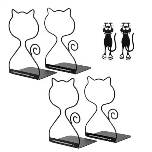 Produktbild: Resszo 4 Stück Buchstützen, Buchstützen Metall, Buchstütze mit rutschfeste Bücherstopper, Buchstützen mit Kätzchen Design für Bücher,DVDs,Magazine,Schwarz