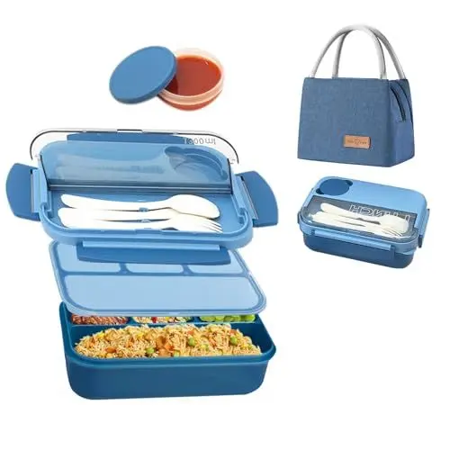 Produktbild: Resszo Lunch Box, 1300ML Brotdose Kinder mit Fächern, Auslaufsicher mit 4 Fächern mit Besteck und Isoliertasche, Lunchbox Erwachsene für Mikrowellengeeignet Und SpüLmaschinen
