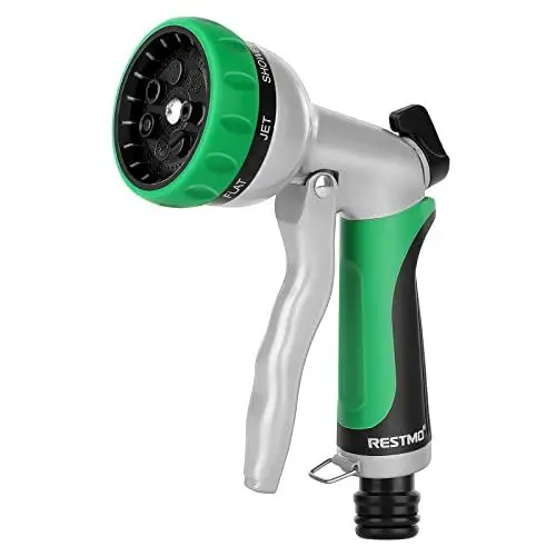 Produktbild: RESTMO Gartenbrause, Metall Hochdruck Garten Handbrause, 7 -Funktionen Spritzdüse und Einstellbarer Wasserdurchfluss Garten Spritzpistolen Bewässerungspistole für Garten Bewässerung, Autowaschen, Grün