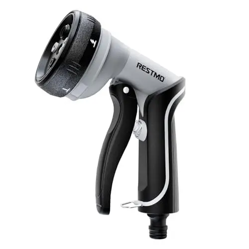 Produktbild: RESTMO Gartenbrause, Reinigungsdüse mit einzigartigem Swivel Cone und Turbo-Sweeping Jet-Modus, ausgestattet mit einem arretierbaren Frontauslöser und 5 Sprühmodi, ideal zum Reinigen und Autowäsche