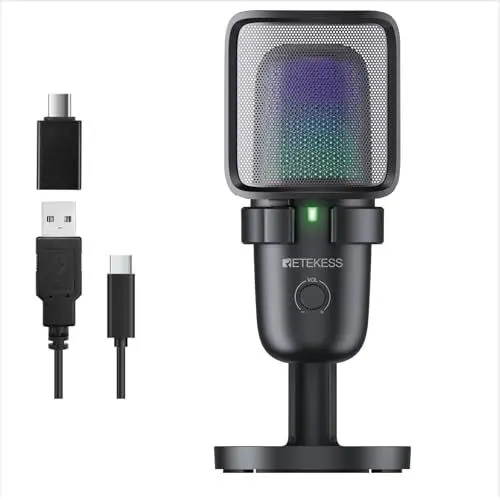 Produktbild: Retekess TG201 Mikrofon Gaming, Standmikrofon Pc Gaming, 2 16mm Mic Capsule - Clear Sound Quality, Two Pickup Modes, Built-in Spray-Proof Cotton, Stummschaltung, Kondensatormikrofon, PC, Mac