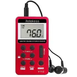 Produktbild: Retekess V112 Mini Radio,Taschenradio mit Kopfhörer,FM AM,Schlaftimer,Wiederaufladbar,LCD,Schlaftimer,500mAh Akku,zum Joggen,Reisen,Angeln(Rot)