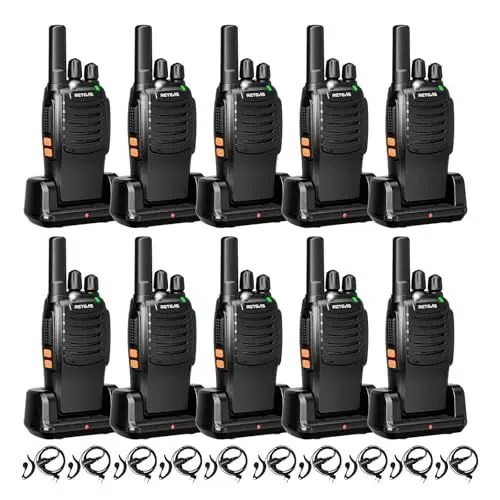 Produktbild: Retevis H777 Funkgerät, Walkie Talkie mit Kopfhörer, Taschenlampe, EIN-klick-Alarm, Frequenzbindung mit einem klick, VOX, Robust, Typ-C, Funkgeräte Set für Restaurants, Schulen (10 STK, Schwarz)
