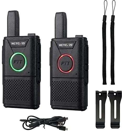 Produktbild: Retevis RT618 Funkgerät Mini Notfall Walkie Talkie Lizenzfrei 16 Kanäle VOX Dual PTT Ultradünn PMR Funkgerät Set Wiederaufladbar USB Ladekabel (1 Paar, Schwarz)