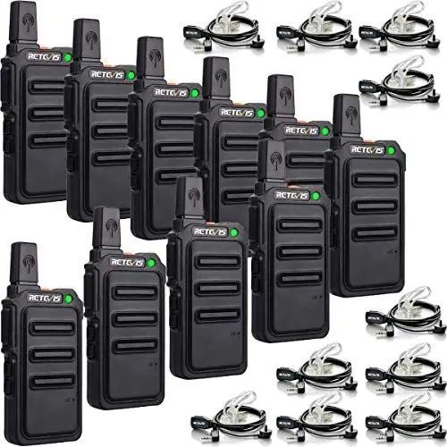 Produktbild: Retevis RT619 Funkgerät Mini, PMR446 Walkie Talkie Wiederaufladbar 1300 mAh, Metall-Rückenclip, Restaurants VOX Handheld Profi Funkgerät mit Headset für die Schule (10 Stück, Schwarz)