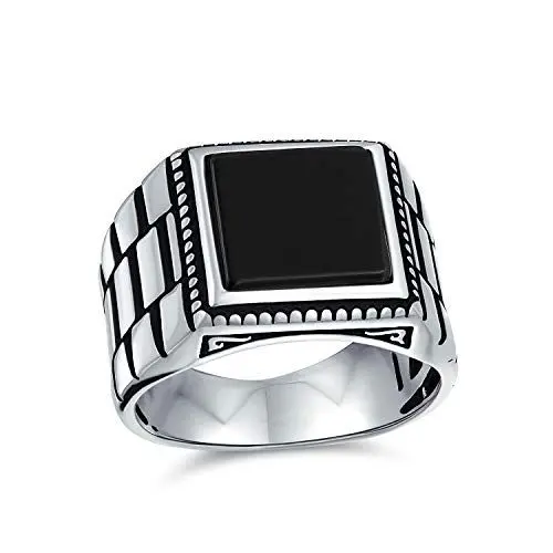 Produktbild: Retro Band Stil Geätzte Band Schwarz Onyx Quadratisch Siegel Ring Für Männer Schwer .925 Sterling Silber Handgefertigt In Der Türkei