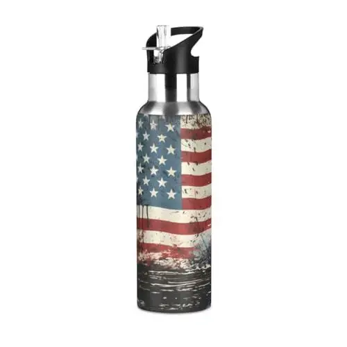 Produktbild: Retro Us Flagge Sterne Streifen Trinkflasche Wasserflasche mit Strohhalm, Thermosflasche Vakuumisolierte aus Edelstahl 18/8, BPA-frei für Kinder Sport Wandern Schule (600ml/1L)