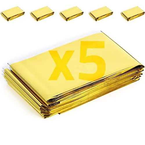Produktbild: Rettungsdecke x5 - Extra Groß - 210x160 cm - Wasserfest - Mylar Überleben Folie Decke Erwärmung Für Camping, Wandern, Erste Hilfe - Gold & Grau
