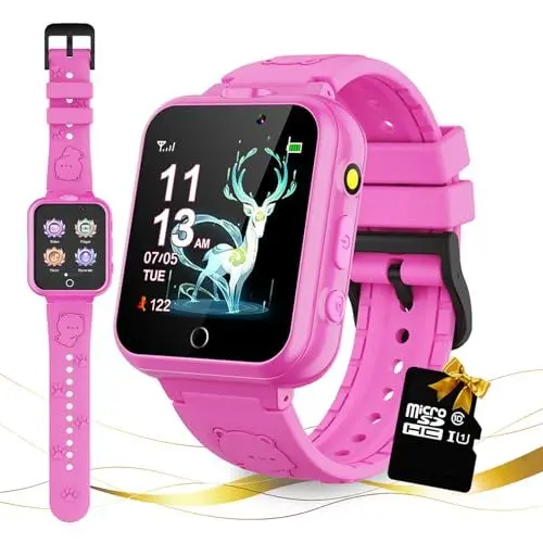 Produktbild: Retysaz Smartwatch für Kinder, 24 Spiele, Smartwatch für Kinder, HPedometer, 2 HD-Kameras, modische Smartwatches für Kinder, 3–14 Jahre, tolles Geschenk für Mädchen und Jungen (Rosa)…