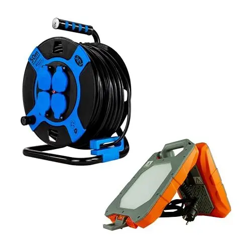 Produktbild: REV Arbeitsleuchte & Kabeltrommel im SPARSET – Baustrahler m. Steckdose, 2x20W, 2x1600lm, IP54 + Kabeltrommel 50m IP44, 4 Schuko-Steckdosen, schwarz