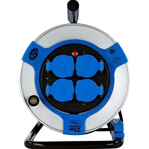 Produktbild: REV Kabeltrommel EX, 25m, H05VV, IP44, 3000W, mit Schleifkontakt, Außenbereich, 4 Schutzkontaktsteckdosen, blau