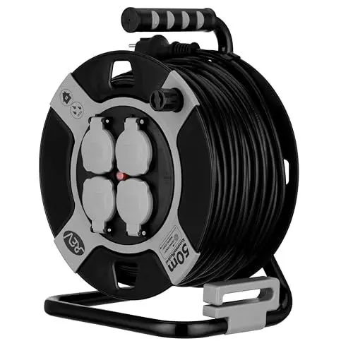 Produktbild: REV Kabeltrommel EX 50m Outdoor Verlängerungskabel außen IP44, Ideal für Garten und Camping, 4-fach, H05VV-F, grau