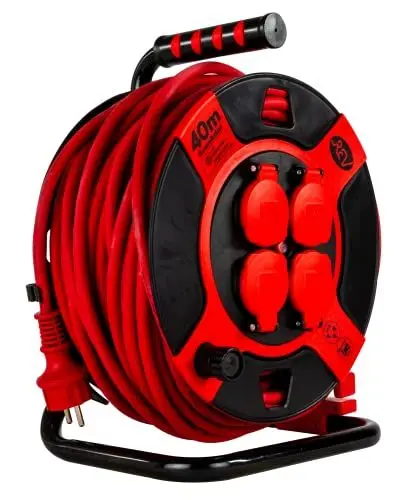 Produktbild: REV Kabeltrommel Verlängerungskabel, Outdoor, IP44, 4 Steckdosen, Thermoschalter, 40 m, bis 3000W, schwarz