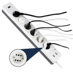 Produktbild: REV Steckdosenleiste mit Schalter COMBINI - Mehrfachsteckdose mit Überspannungsschutz, 6-12 Steckplätze 45 Grad gedreht, Wandmontage, Kabel 1,4m, 2X USB, weiß