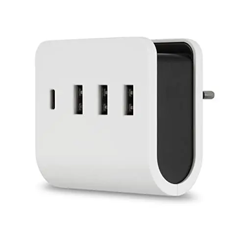Produktbild: REV USB Ladegerät – USB-A und C Steckdosenadapter 3+1fach mit praktischer Ablagefläche – weiß