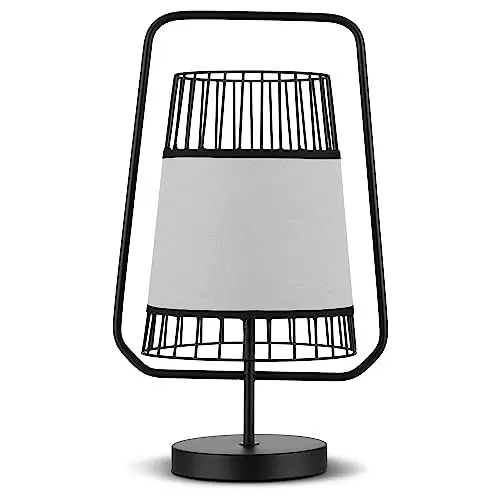 Produktbild: REV – Schreibtischlampe im modernen Design mit Metallkorbschirm & Zwischenschalter – Tischlampe mit Stoff-Lampenschirm – Tischleuchte mit E27 Fassung für Nachttisch, Schreibtisch & Büro – 46.5cm