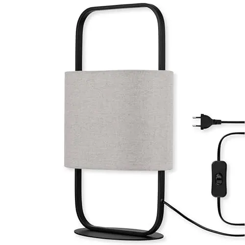 Produktbild: REV – Tischlampe im modernen Design mit Trage-Henkel – Tischleuchte mit Leinen-Lampenschirm in Taupefarben – E27 Fassung – Ideal für Nachttisch, Schreibtisch & Büro – 48cm