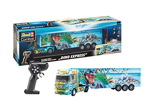 Produktbild: Revell Control RC Show Truck Mercedes Benz Actros Dino Express I Maßstab 1:32 I Detailreiche Airbrush-Lackierung und Dino-Design I Realistische Sounds und LED-Beleuchtung I An-/Abkoppeln des Trailers