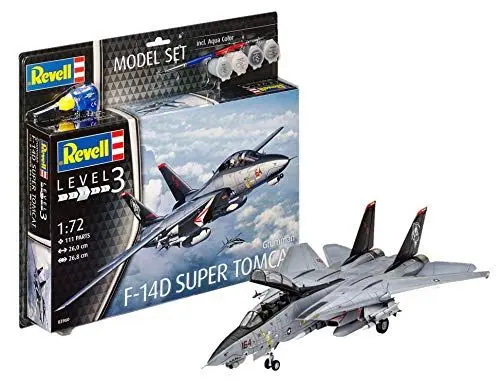 Produktbild: Revell Modellbausatz Flugzeug 1:72 - F-14D Super Tomcat im Maßstab 1:72, Level 3, originalgetreue Nachbildung mit vielen Details, Model Set mit Basiszubehör, 63960, Grau, Schwarz