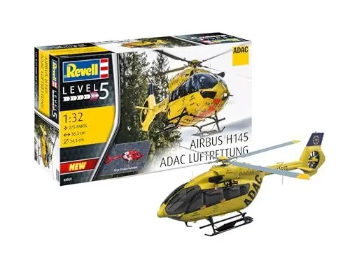 Produktbild: Revell Modellbausatz I H145 ADAC/REGA I Detailreicher Level 5 Hubschrauber Bausatz I 200 Teile I Maßstab 1:32 I für Kinder und Erwachsene ab 13 Jahren, Gelb