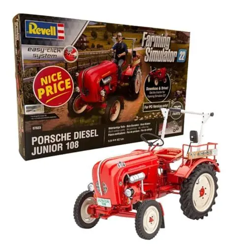 Produktbild: Revell 07823 Traktor Porsche Junior 108, Farming Simulator Edition, die Traktorlegende zum Selberbauen, 1:24, 10,7 cm Modellbausatz für Einsteiger mit dem Easy-Click-System, farbige Bauteile, Rot