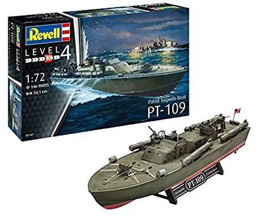 Produktbild: Revell Modellbausatz PT-109 Schnellboot - Bekannter Kommandant John F Kennedy - Detailreiche Nachbildung mit zwei Rümpfen und 37 mm Pak - Vielseitige Optionen mit Displayständer und Bemalungsvarianten