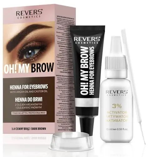 Produktbild: REVERS COSMETICS Augenbrauenfarbe Dunkelbraun mit Arganöl und Rizinusöl (Omega 6, Karotin, Vitamine A, E, F) Natürliches Ergebnis, Hält bis zu 4 Wochen, 15+ Anwendungen
