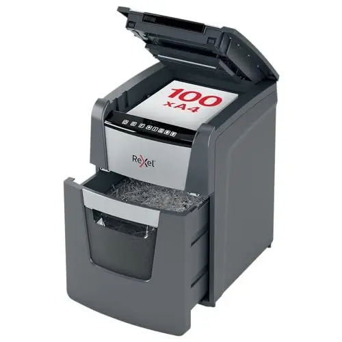 Produktbild: Rexel Optimum AutoFeed+ 100X Automatischer Aktenvernichter, 100 Blatt automatisch, Sicherheitsstufe P4, Partikelschnitt, für Zuhause / Home Office, 34 Liter Abfallbehälter, 2020100XEU