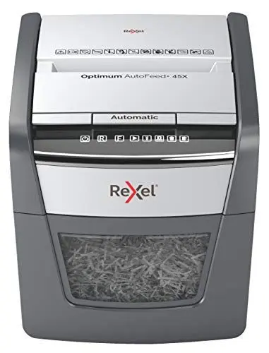 Produktbild: Rexel Optimum AutoFeed+ 45X Automatischer Aktenvernichter CH, 45 Blatt, Sicherheitsstufe P4, Partikelschnitt, für Zuhause/Home Office, 20 Liter Abfallbehälter, mit Schweizer Netzstecker, 2020045XCH