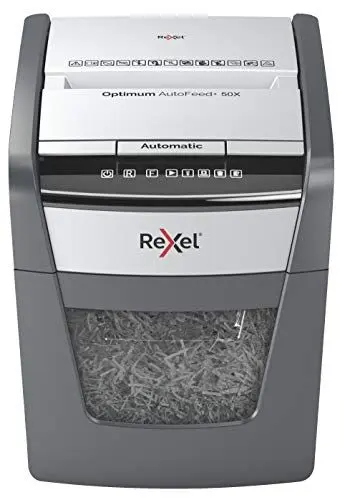 Produktbild: Rexel Optimum AutoFeed+ 50X Automatischer Aktenvernichter CH, 50 Blatt, Sicherheitsstufe P4, Partikelschnitt, für Zuhause/Home Office, 20 Liter Abfallbehälter, mit Schweizer Netzstecker, 2020050XCH