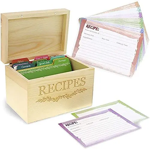 Produktbild: Rezeptbox aus Holz mit 60 Rezeptkarten zum Beschriften und Register, Recipes, Efeu-Design, Kiefernholz, 18 x 13 x 12 cm