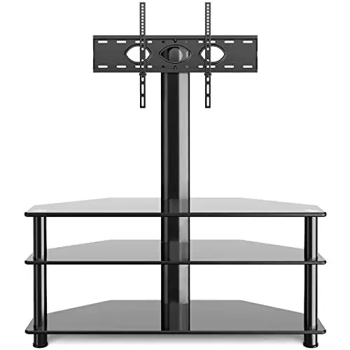 Produktbild: Rfiver TV Rack Glas Fernsehtisch TV Ständer für 32-70 Zoll Fernseher, ±45° Schwenkbar & Höhenverstellbar TV Eckschrank Möbel Fernsehschrank mit 3 Regal aus gehärtetem Glas | Max 50KG VESA 600x400mm