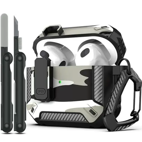 Produktbild: RFUNGUANGO Kompatibel mit AirPods 3 hülle Schutzhülle mit Reinigungsset, militärische Hartschalen-Schutzhülle mit Schloss Kompatibel mit AirPod Gen 3 Ladehülle 2021,Tarnfarbe