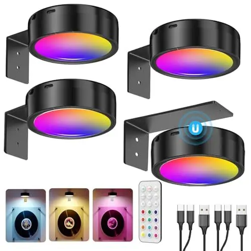 Produktbild: RGB Bildbeleuchtung Kabellos, 2600mAh Bilderleuchte Akku Schwarz, LED Spot USB Aufladbar Mit Fernbedienung, GemäLde Beleuchtung mit Batterie, Dimmbar Bilderrahmen Licht Magnetisch Vitrinenbeleuchtung