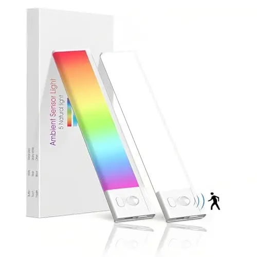 Produktbild: 2 Stück RGB LED Lightbar Akku lampe mit Bewegungsmelder, 5 RGB Farben, USB Aufladbar Unterbauleuchte kabellos Schrankbeleuchtung Vitrinenbeleuchtung, Dimmbar Nachtlicht für Schlafzimmer, Treppe