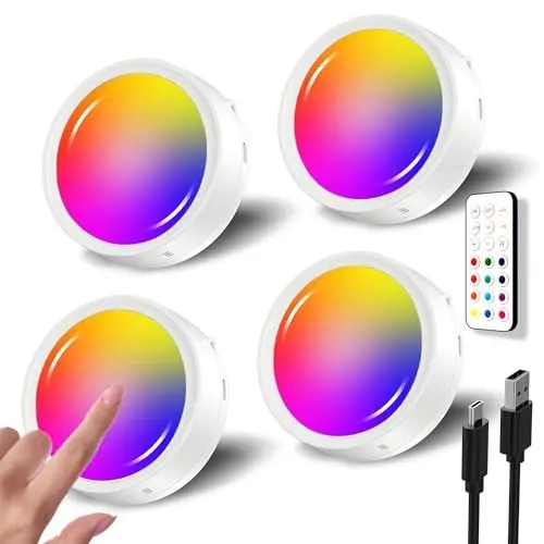 Produktbild: RGB LED Spot Akku mit Fernbedienung, 1600mAh USB Aufladbar Vitrinenbeleuchtung Kabellos Dimmbar Unterbauleuchte Küche LED Rund Magnet Schranklicht zum Kleben Spot Batterie mit Farbwechsel Timer