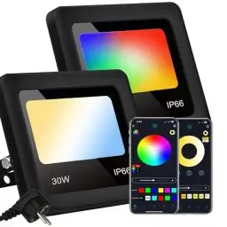 Produktbild: RGB LED Strahler Außen, 30W Außenstrahler Bluetooth Flutlicht Weißes Licht 2700K bis 6500K, 16 Millionen Farben und 27 Modi für Objektbeleuchtung Gartenstrahler, 2er Pack
