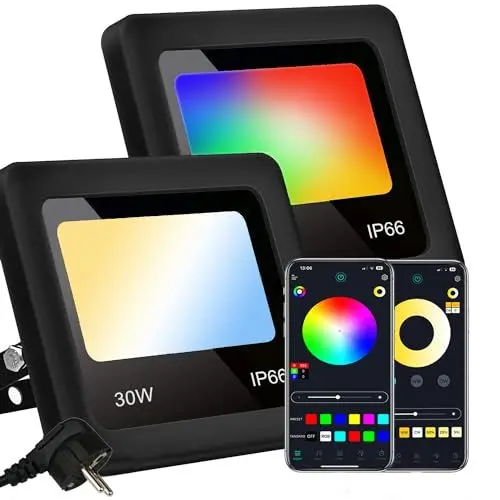 Produktbild: RGB LED Strahler Außen, 30W Außenstrahler Bluetooth Flutlicht Weißes Licht 2700K bis 6500K, 16 Millionen Farben und 27 Modi für Objektbeleuchtung Gartenstrahler, 2er Pack