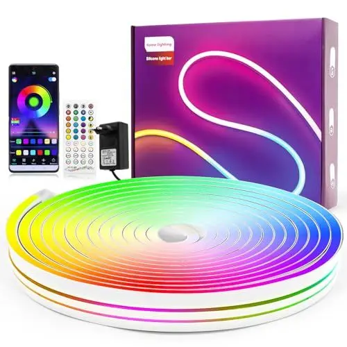 Produktbild: RGB LED Strip 10M, Neon LED Streifen Farbwechsel, Musik-Sync, Wasserdichte, Silikon DIY Flexibler Lichtstreifen mit Fernbedienung, APP Steuerung für Innen und Außendekoration(Inklusive Adapter)