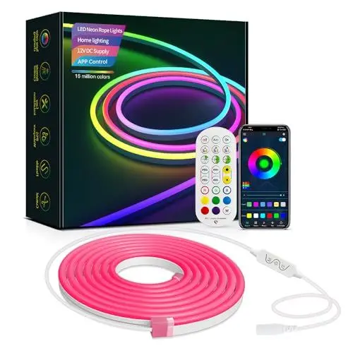 Produktbild: RGB Neon LED Strip 5M mit APP und Fernbedienung, Musik Sync, DIY-Modus, 16 Millionen Farben, 213 Szenenmodi, LED Streifen IP65 Wasserdicht Fancy LED Lichterkette für Außenbereich Party Zimmer Deko